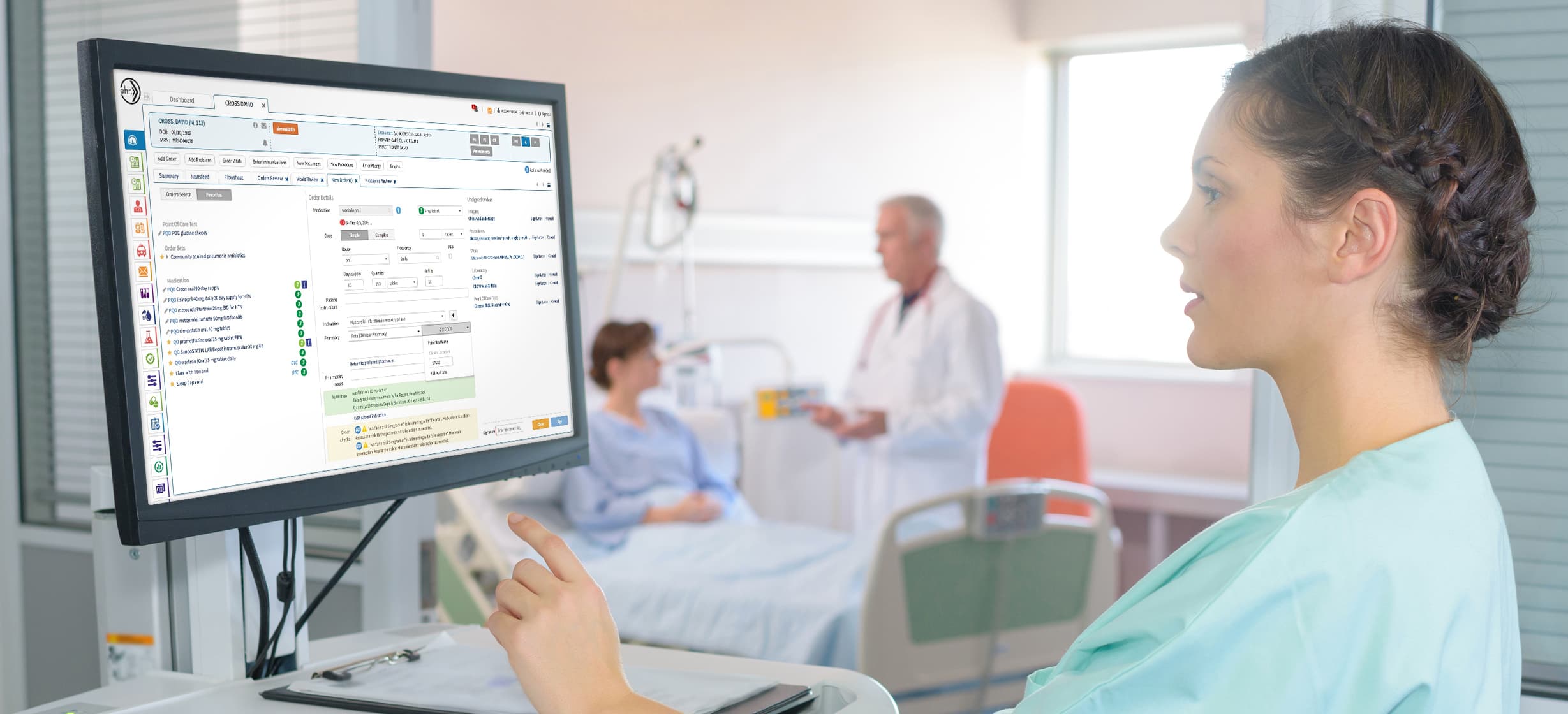 Screenshot of the clinician interface showing patient history, medication dashboard, and real-time updates